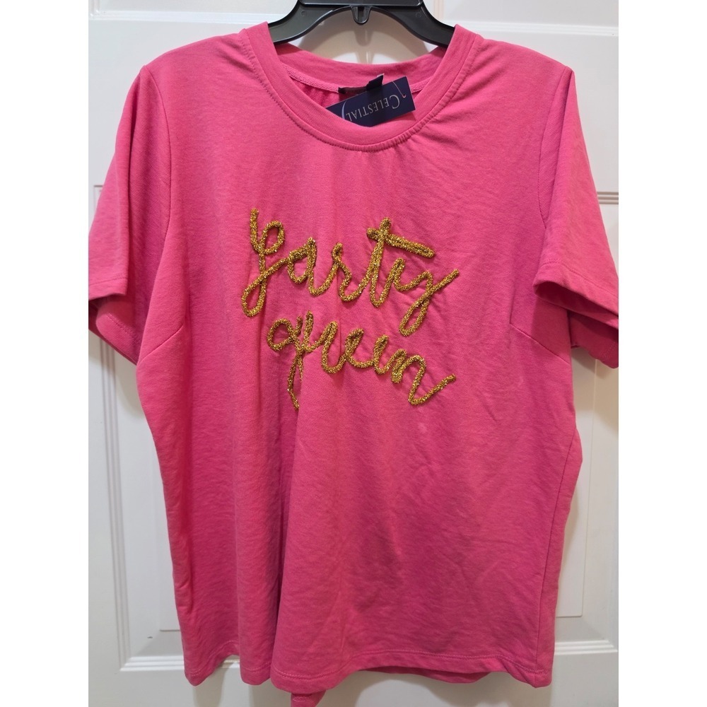 Celestial Blue Party Queen Pink Graphic Shirt Plus Size Large Gold Glitter NWT